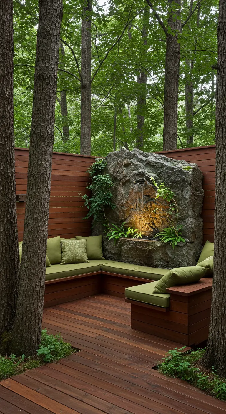 Coin salon en bois dans une forêt avec une fontaine cascade en pierre naturelle.