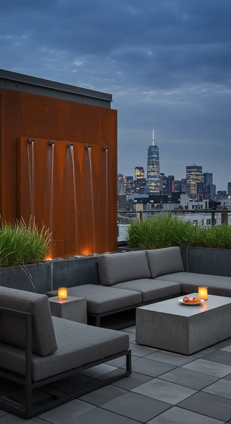 Toit-terrasse avec fontaine en acier Corten, mobilier gris et vue sur la ville.