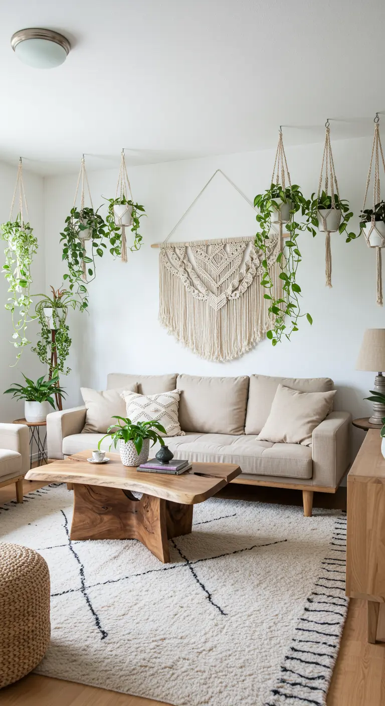 Salon bohème avec tenture murale en macramé et de nombreuses plantes suspendues.