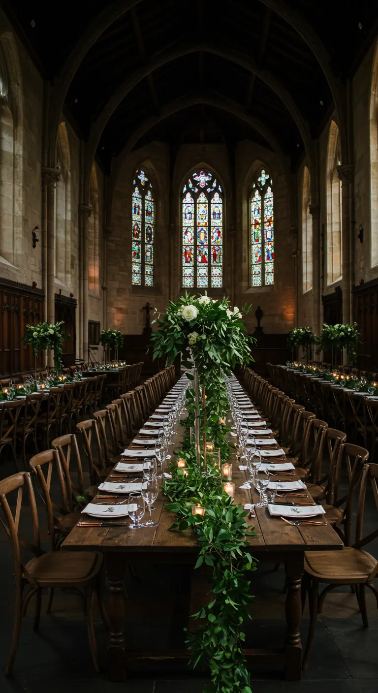 Longue table de banquet dans une salle voûtée avec un grand centre de table floral.