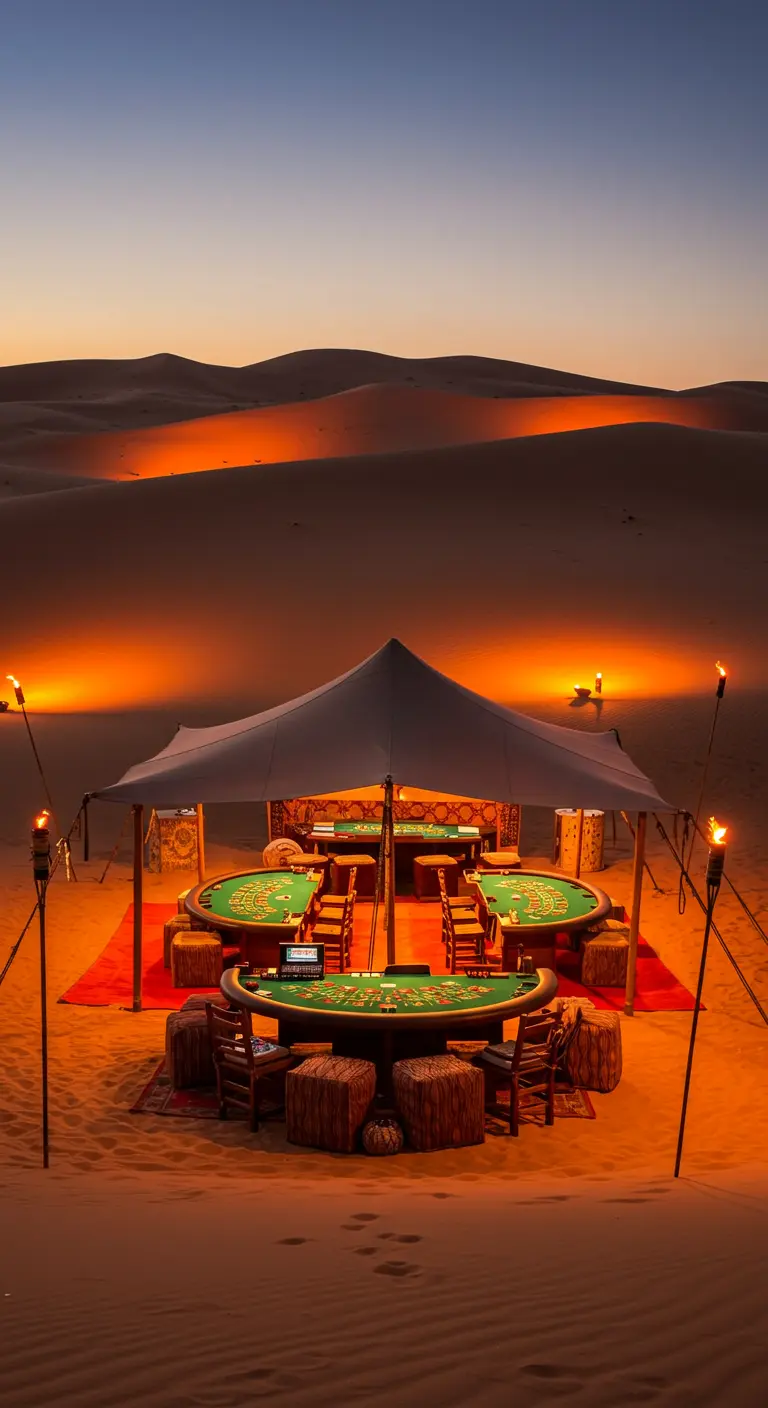 Installation de casino sous une tente dans le désert au crépuscule.