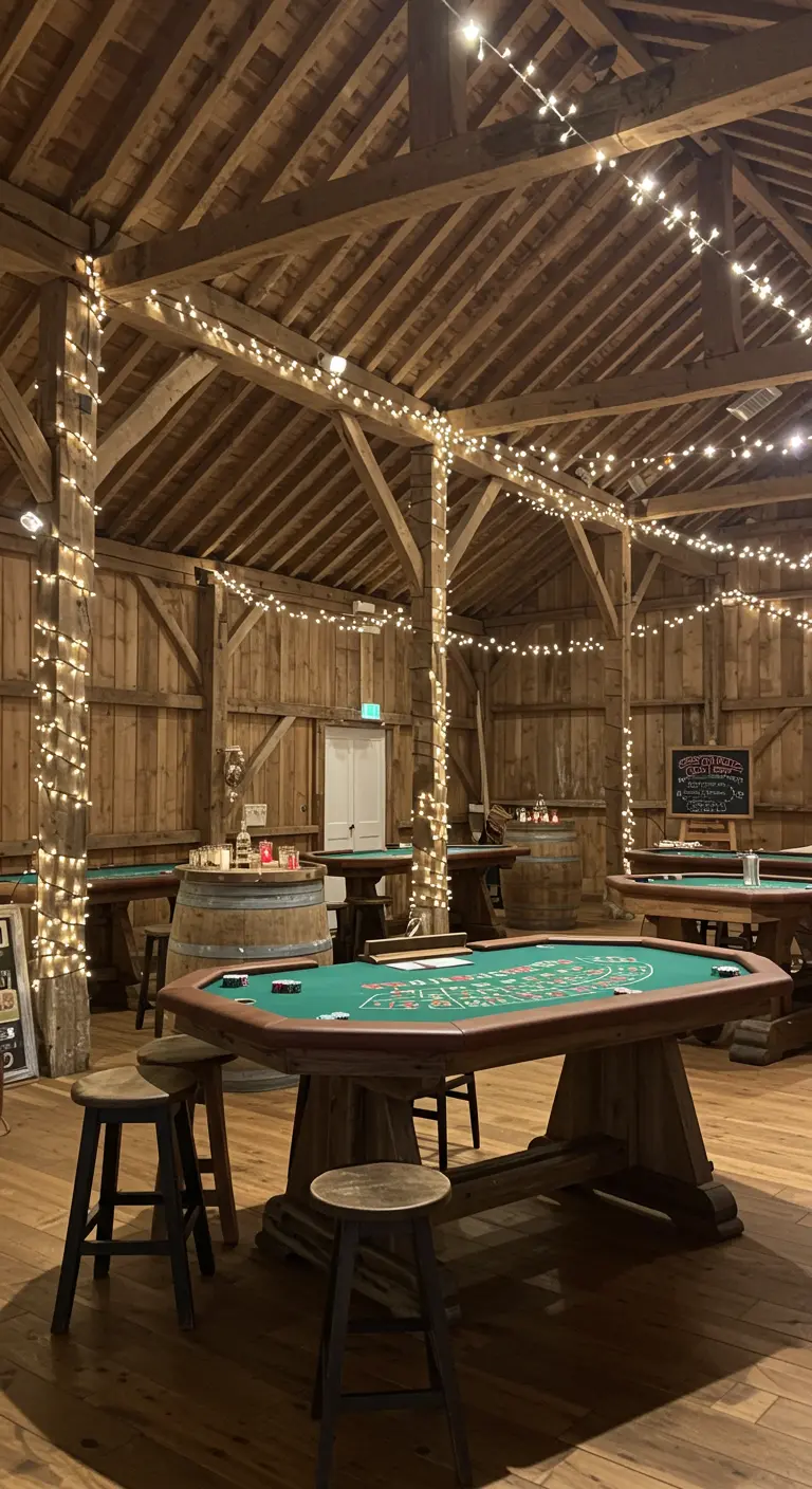 Grange rustique en bois transformée en salle de casino avec des guirlandes.