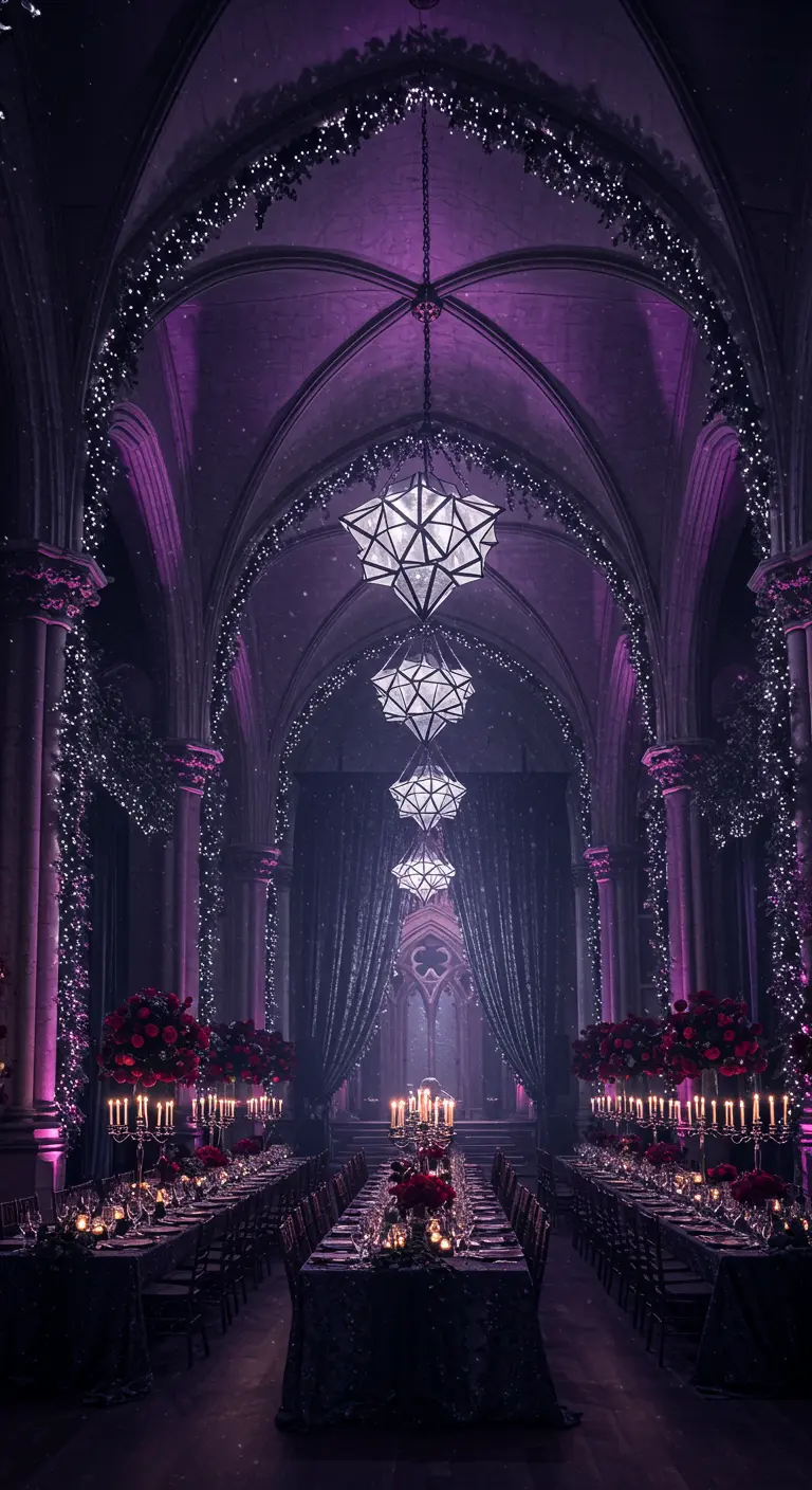 Salle de banquet de style gothique avec éclairage pourpre, guirlandes lumineuses et lanternes géométriques.