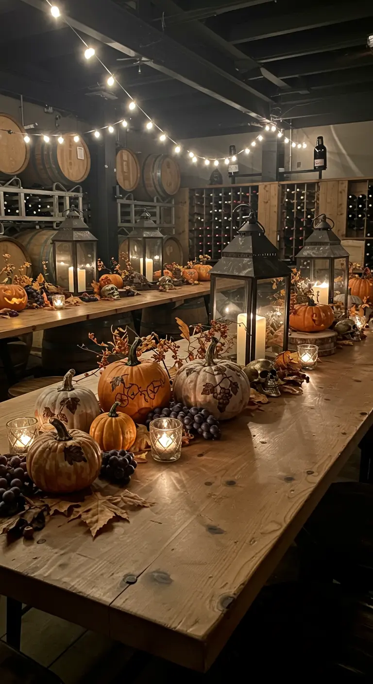 Longue table dans une cave à vin avec citrouilles, raisins, bougies et lanternes