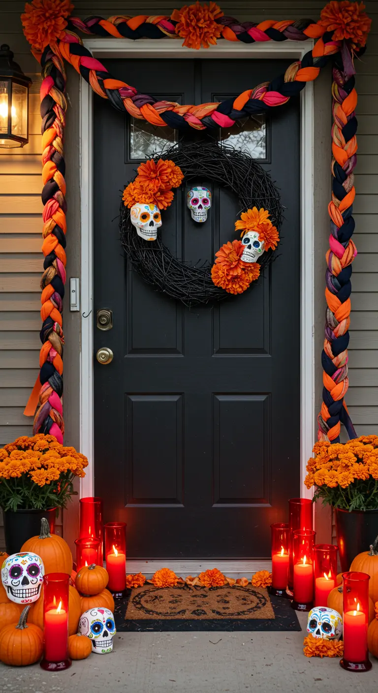 Porte noire décorée pour le Jour des Morts avec des crânes en sucre.