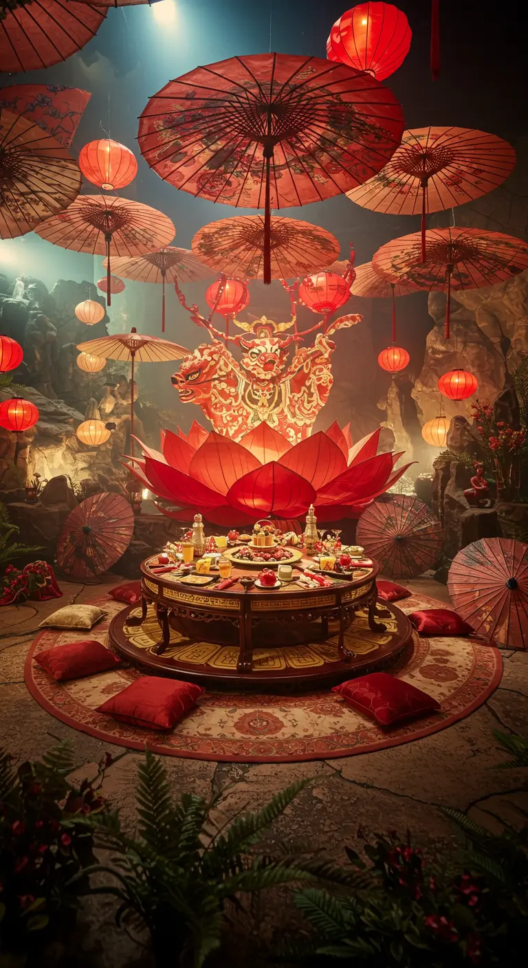 Célébration asiatique avec autel doré, grande table ronde, lampions rouges, ombrées et coussins rouges.
