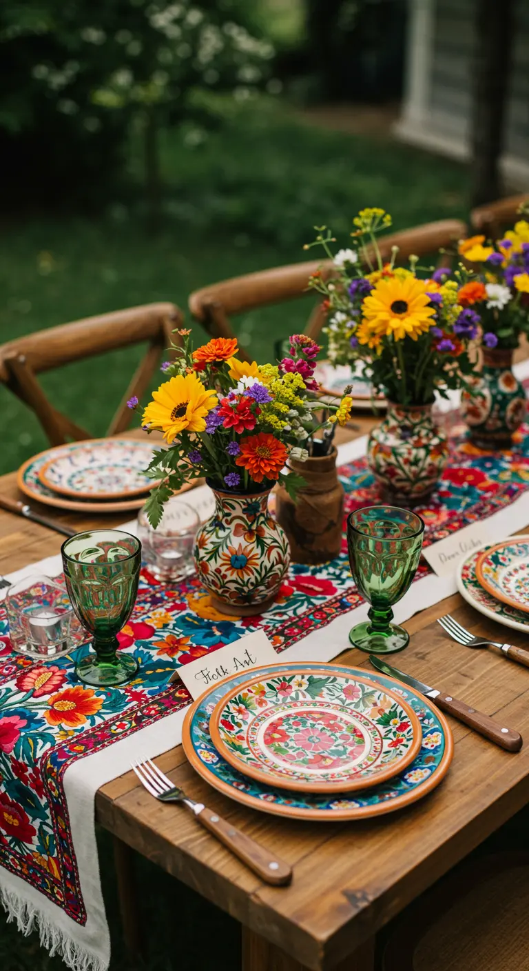 Table bohème avec un chemin de table et une vaisselle aux motifs floraux très colorés.