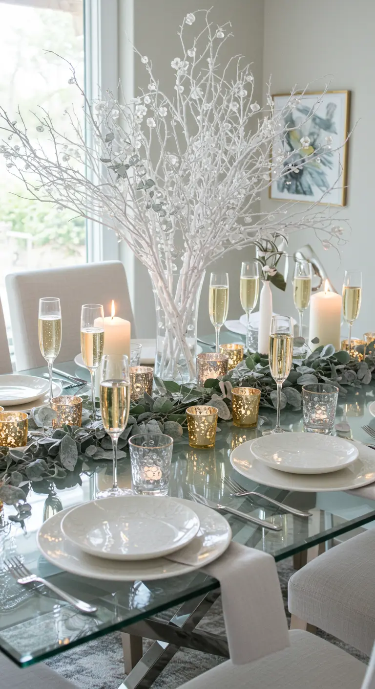 Table de fête élégante avec guirlande d'eucalyptus, photophores dorés et champagne.