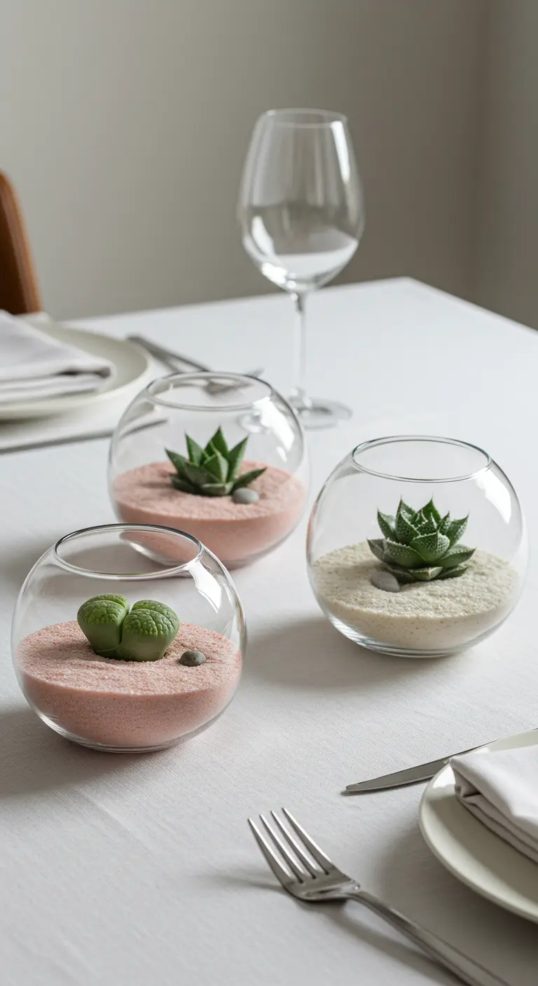 Trois petits terrariums sphériques sur une table, avec succulentes et sable coloré.
