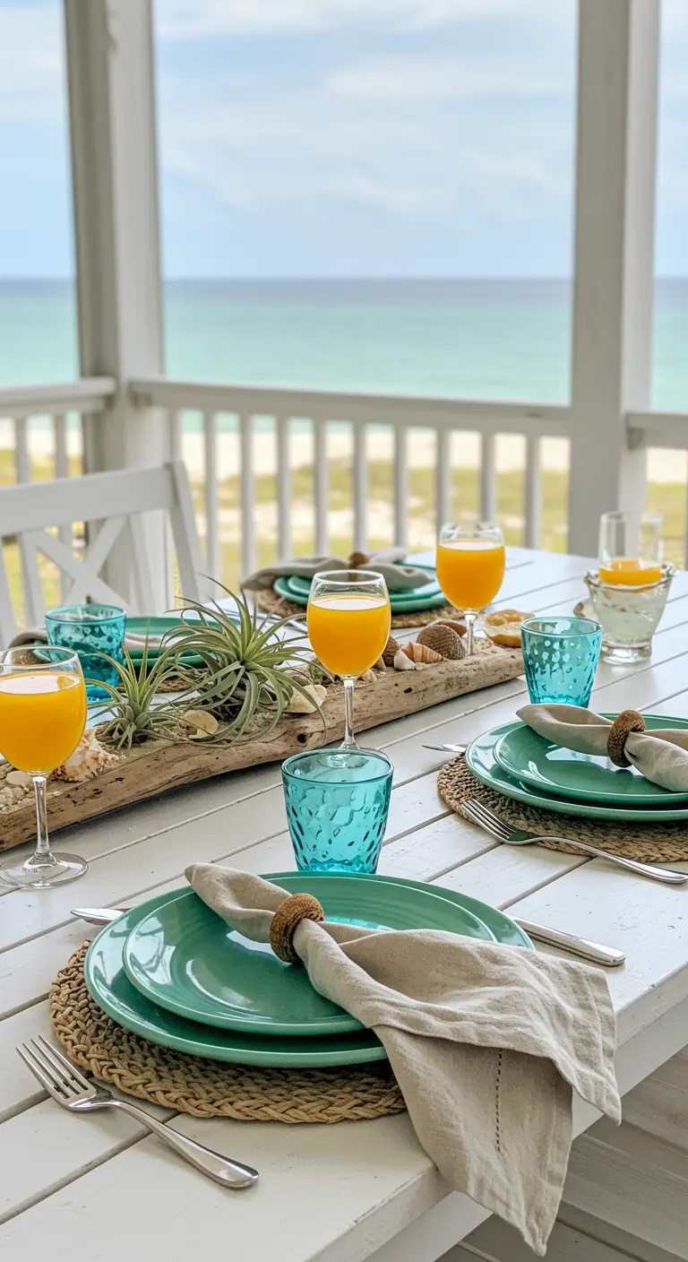 Table de brunch en bord de mer avec un centre de table en bois flotté et coquillages.