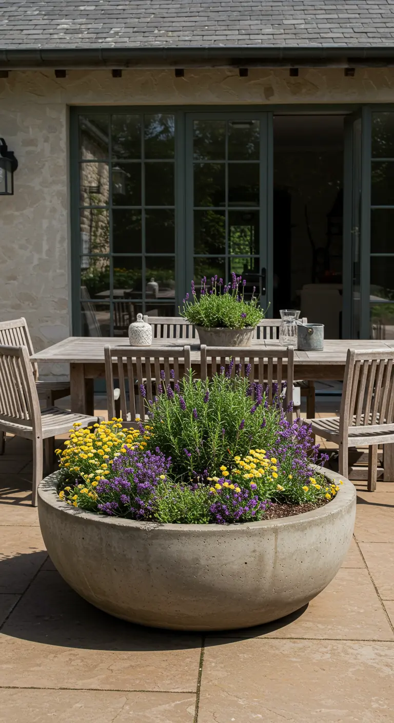 Grande vasque en béton avec lavande et fleurs jaunes servant de centre de table.