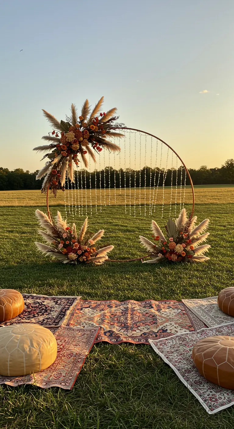 Arche de mariage circulaire cuivrée avec pampas et guirlandes dans un champ.