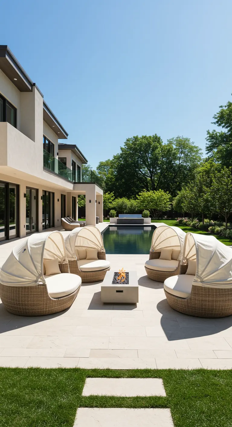 Cinq lits de jour circulaires à baldaquin disposés autour d'un foyer extérieur sur une terrasse.