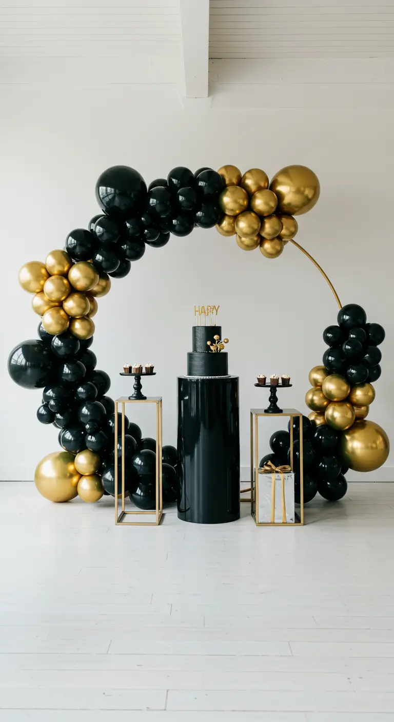 Arche de ballons noirs et or sur une structure de cerceau métallique fin.