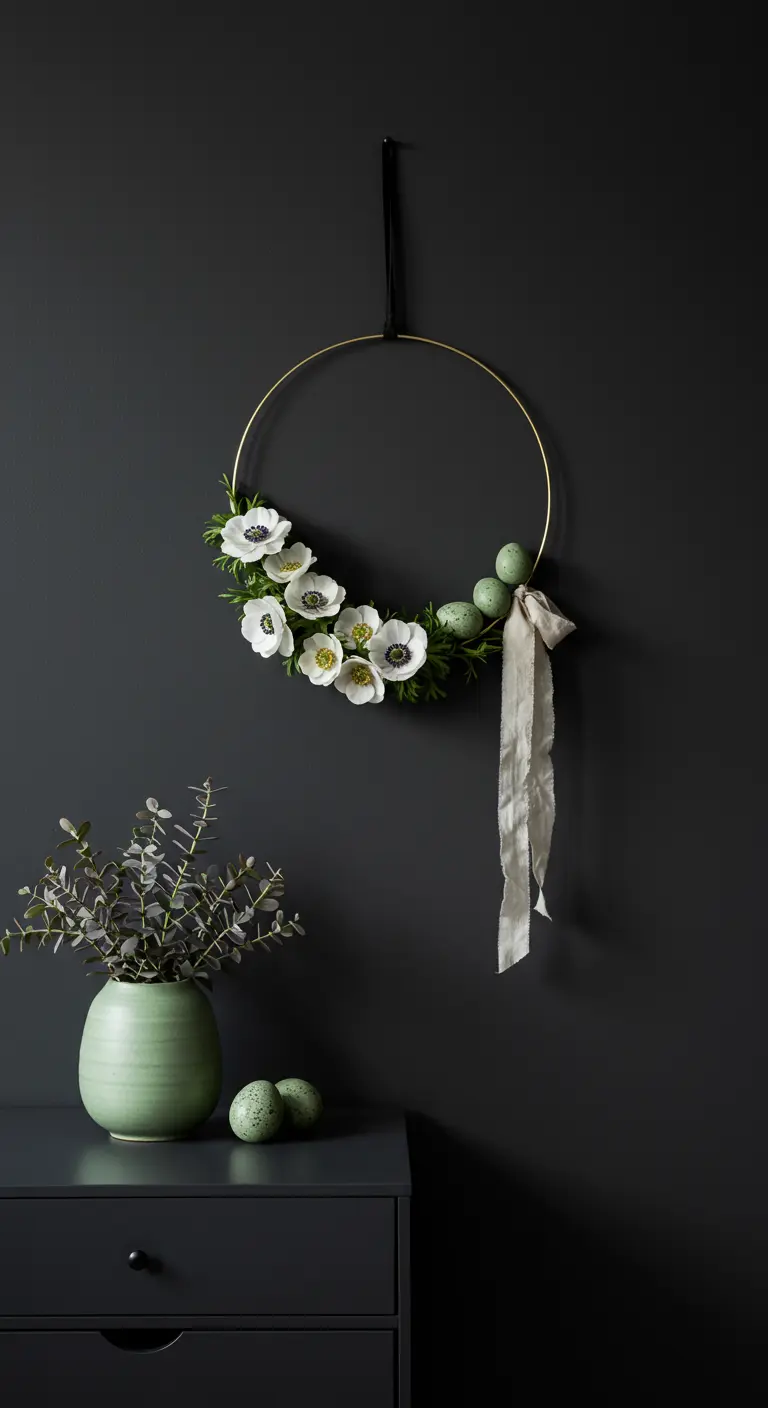 Couronne minimaliste sur un cerceau doré avec anémones blanches et œufs verts.