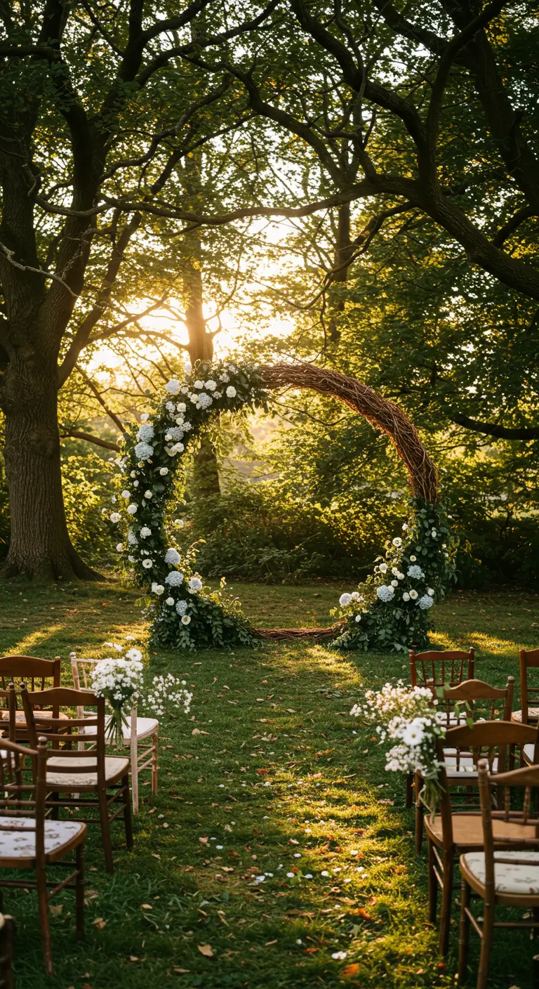 Arche florale ronde en bois avec fleurs bleues et blanches au coucher du soleil dans un bois.