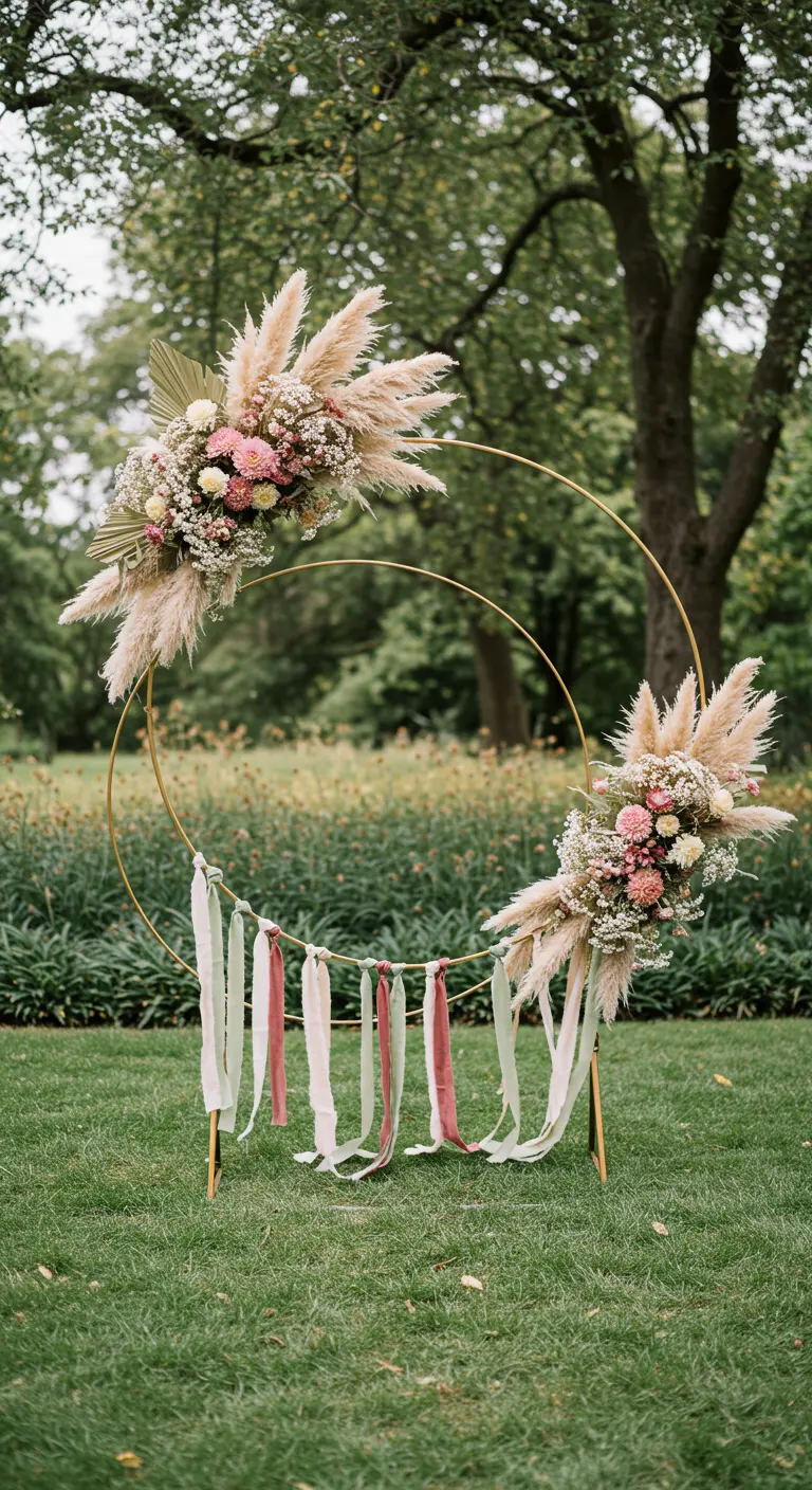 Arche dorée circulaire avec bouquets de pampas et rubans roses et blancs.