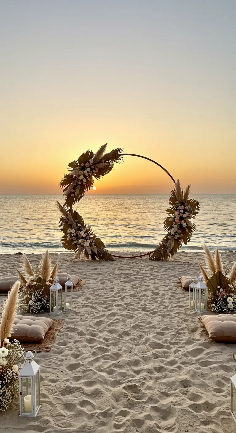 Arche circulaire dorée avec fleurs de pampas sur une plage au coucher du soleil.