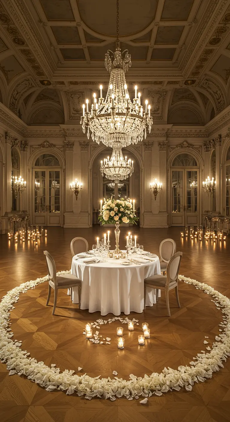 Table de dîner seule au milieu d'une salle de bal, entourée d'un cercle de pétales et de bougies.