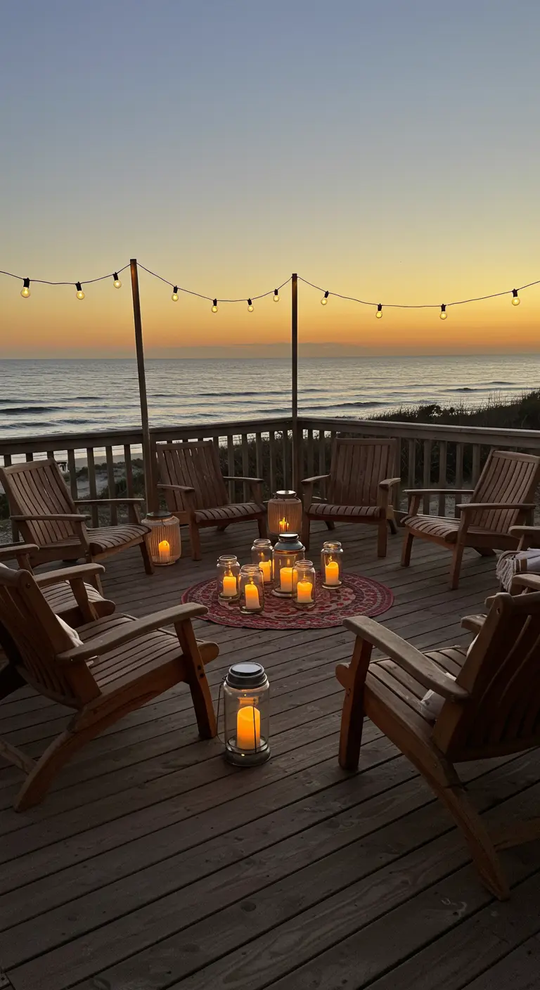 Terrasse en bois face à la mer avec des chaises Adirondack en cercle autour de lanternes