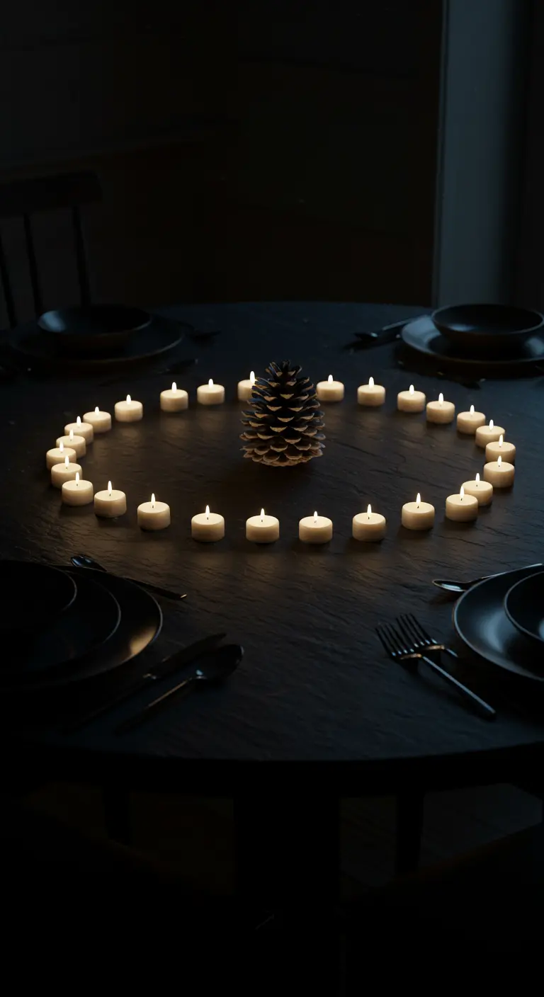 Table noire dans l'obscurité, éclairée par un cercle de bougies chauffe-plat entourant une pomme de pin.