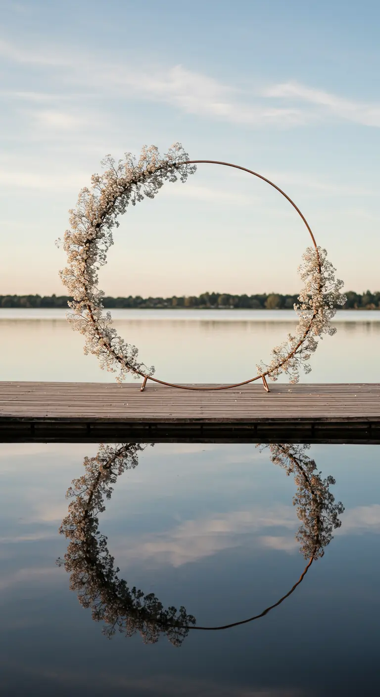 Arche circulaire cuivrée couverte de gypsophile au bord d'un lac, se reflétant dans l'eau.