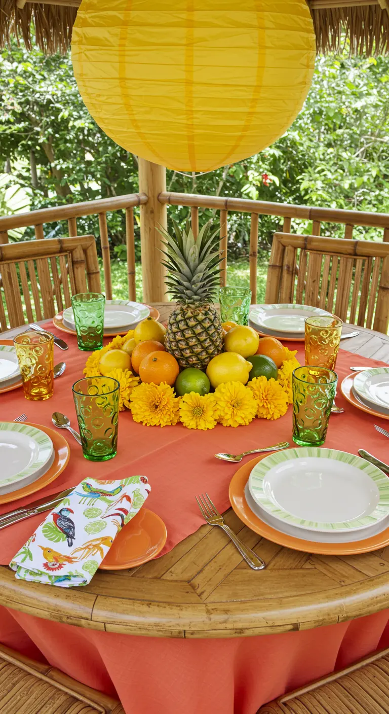 Table ronde avec ananas central, agrumes, fleurs jaunes et lampion suspendu, sous une pergola.