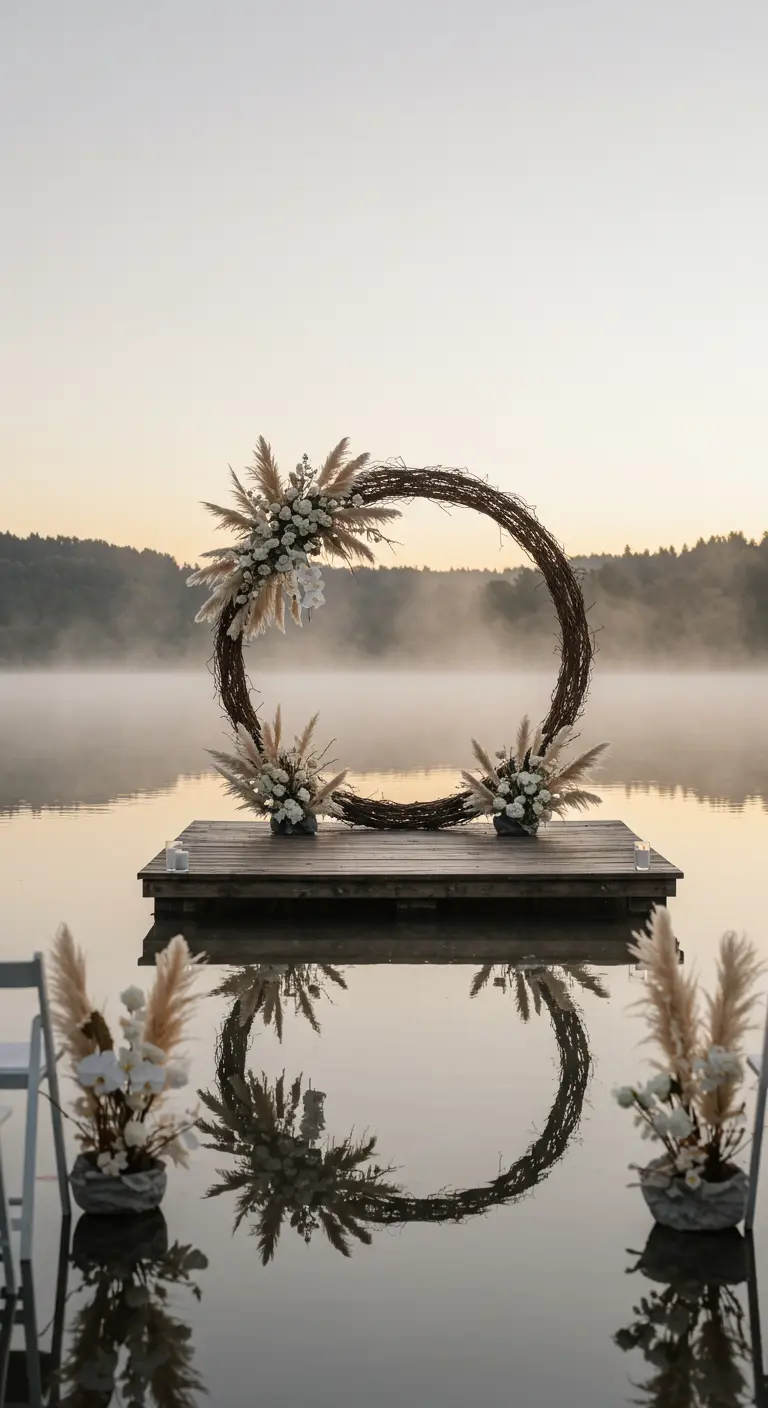 Arche circulaire en bois flottant sur un ponton avec vue sur un lac brumeux.