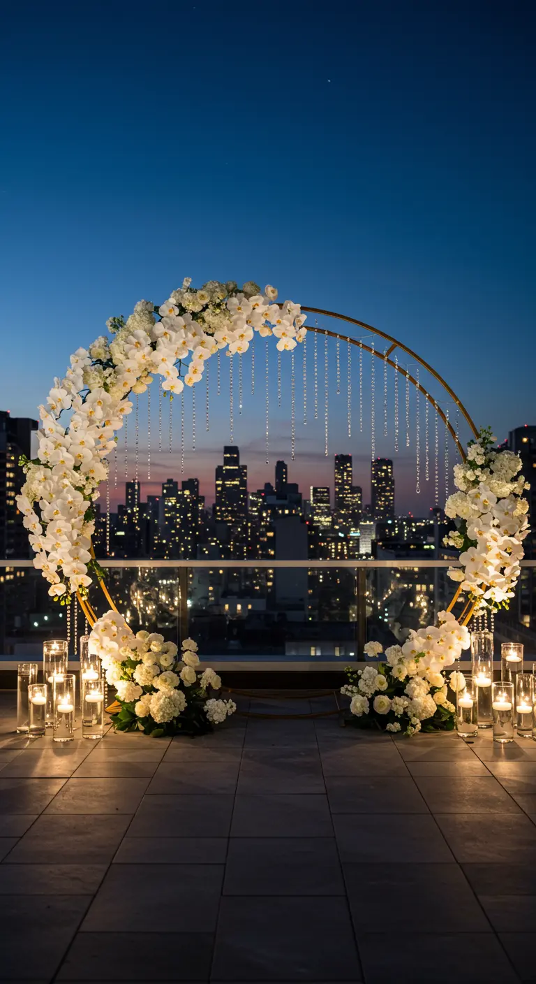 Arche circulaire dorée avec orchidées blanches et cristaux sur un rooftop de nuit.