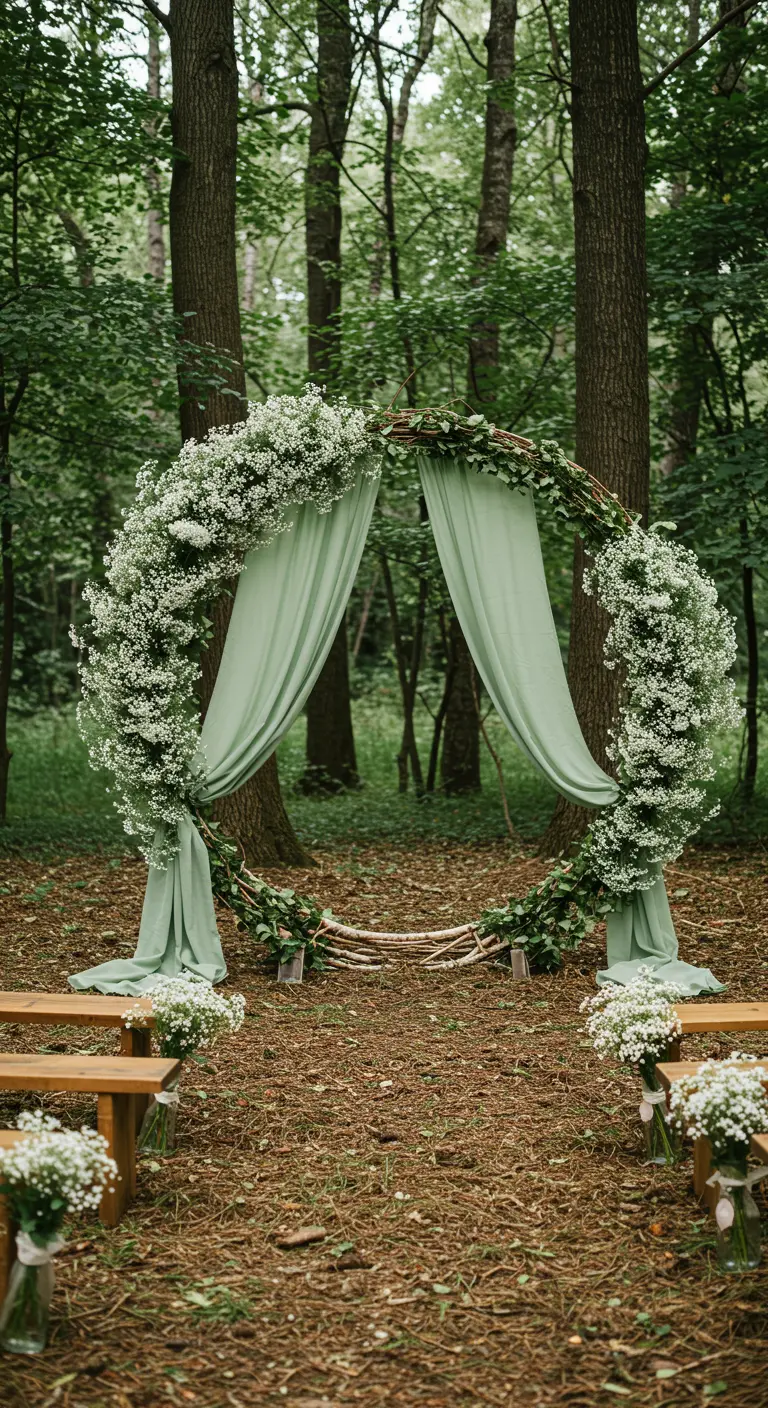 Arche de mariage ronde avec gypsophile et drapé vert sauge en forêt.
