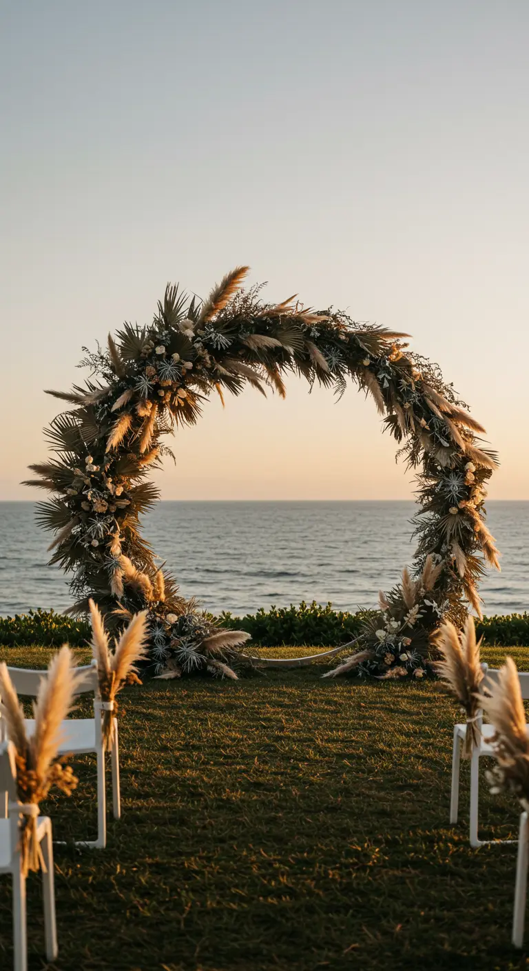 Arche de mariage ronde avec de l'herbe de la pampa et des palmes face à l'océan.