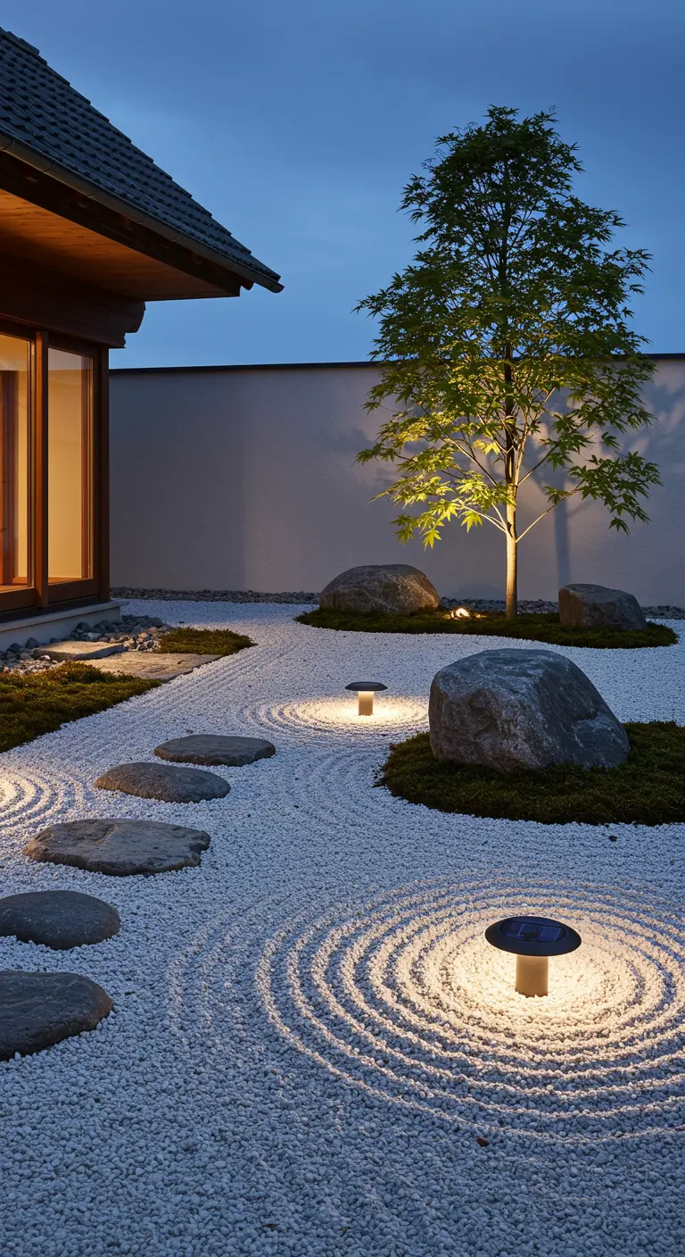 Jardin zen avec des bornes solaires basses dans du gravier blanc ratissé.