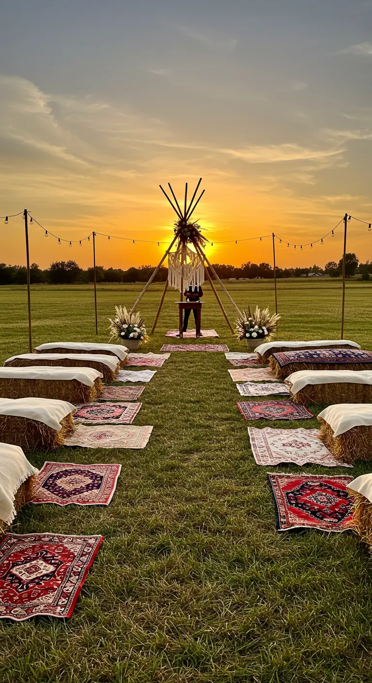Cérémonie de mariage bohème dans un champ au coucher du soleil, avec arche tipi, bottes de foin, tapis orientaux et guirlandes.