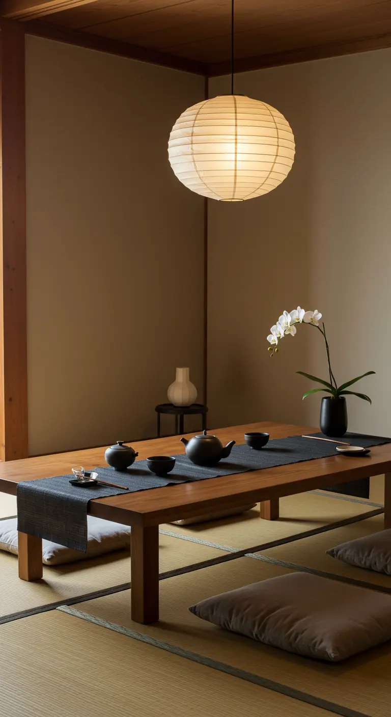 Chemin de table noir sur une table basse japonaise avec un service à thé et une orchidée.
