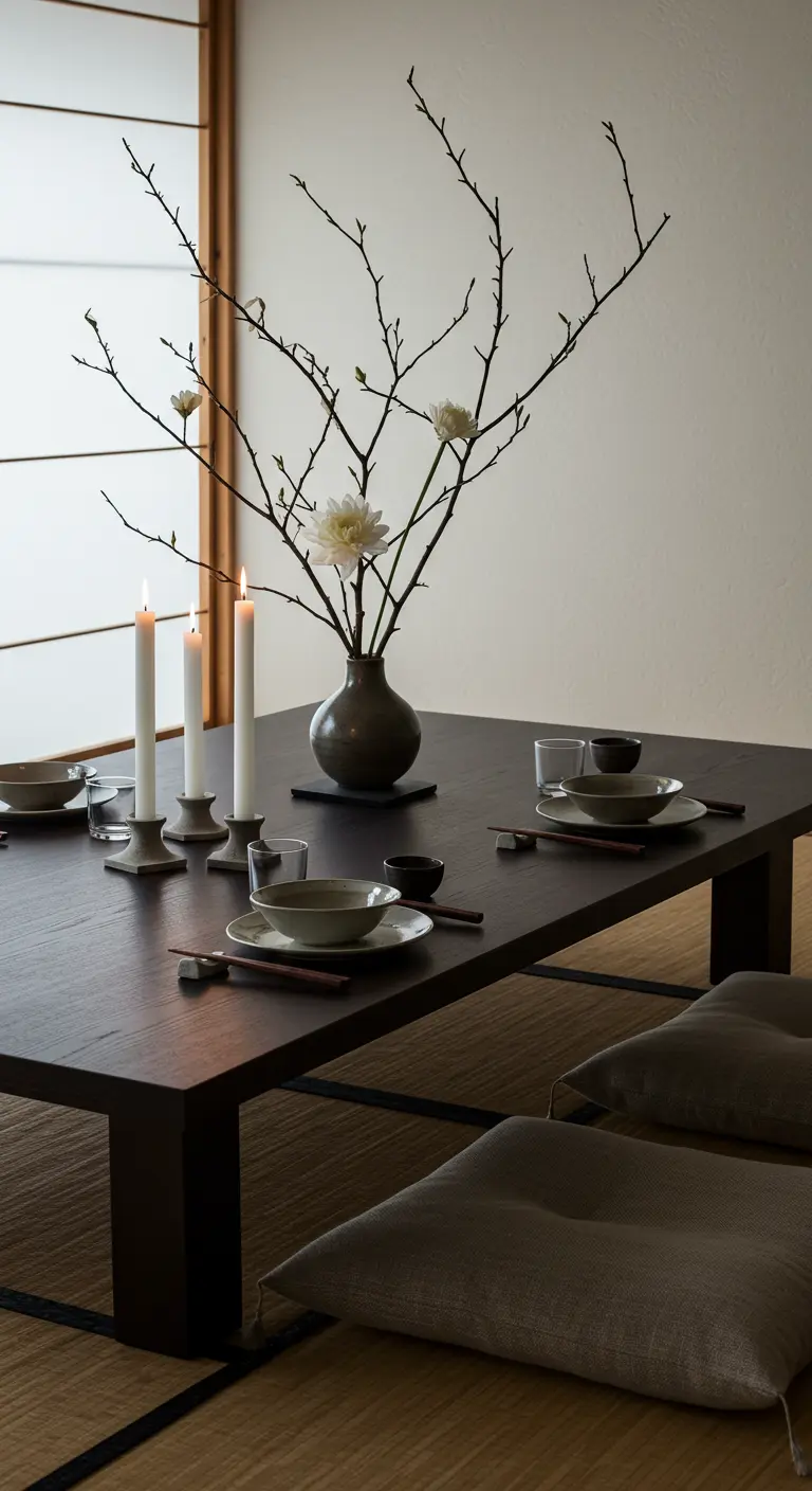 Table basse japonaise minimaliste avec une composition ikebana, des bougies et de la vaisselle en céramique.