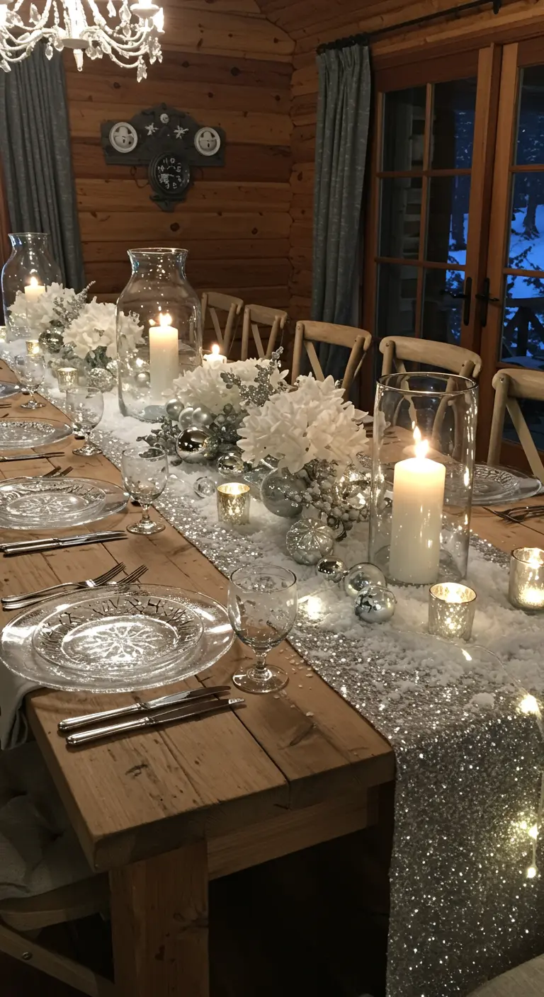 Table de Noël rustique chic avec chemin de table à paillettes argentées, bougies et décorations blanches.