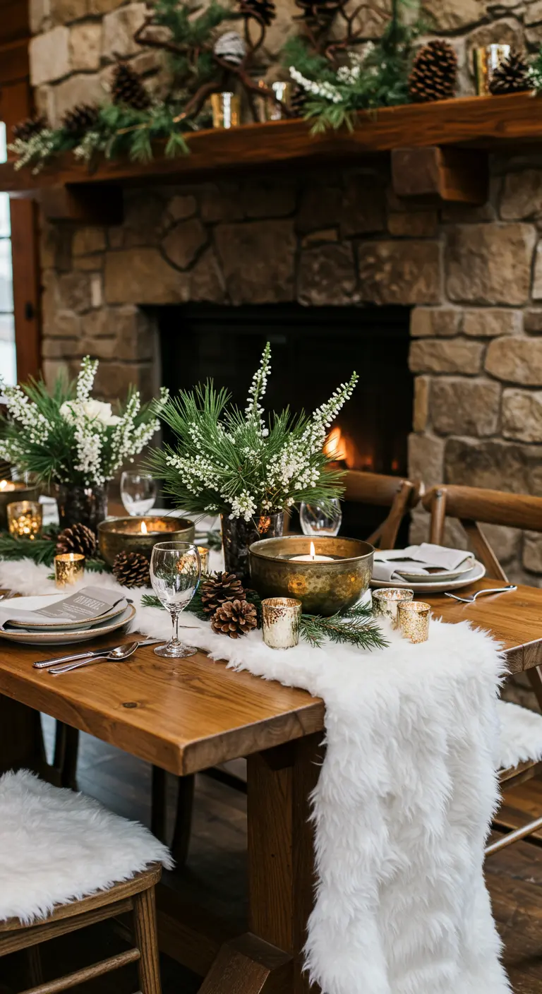 Table de fête hivernale avec chemin de table en fausse fourrure et pommes de pin.