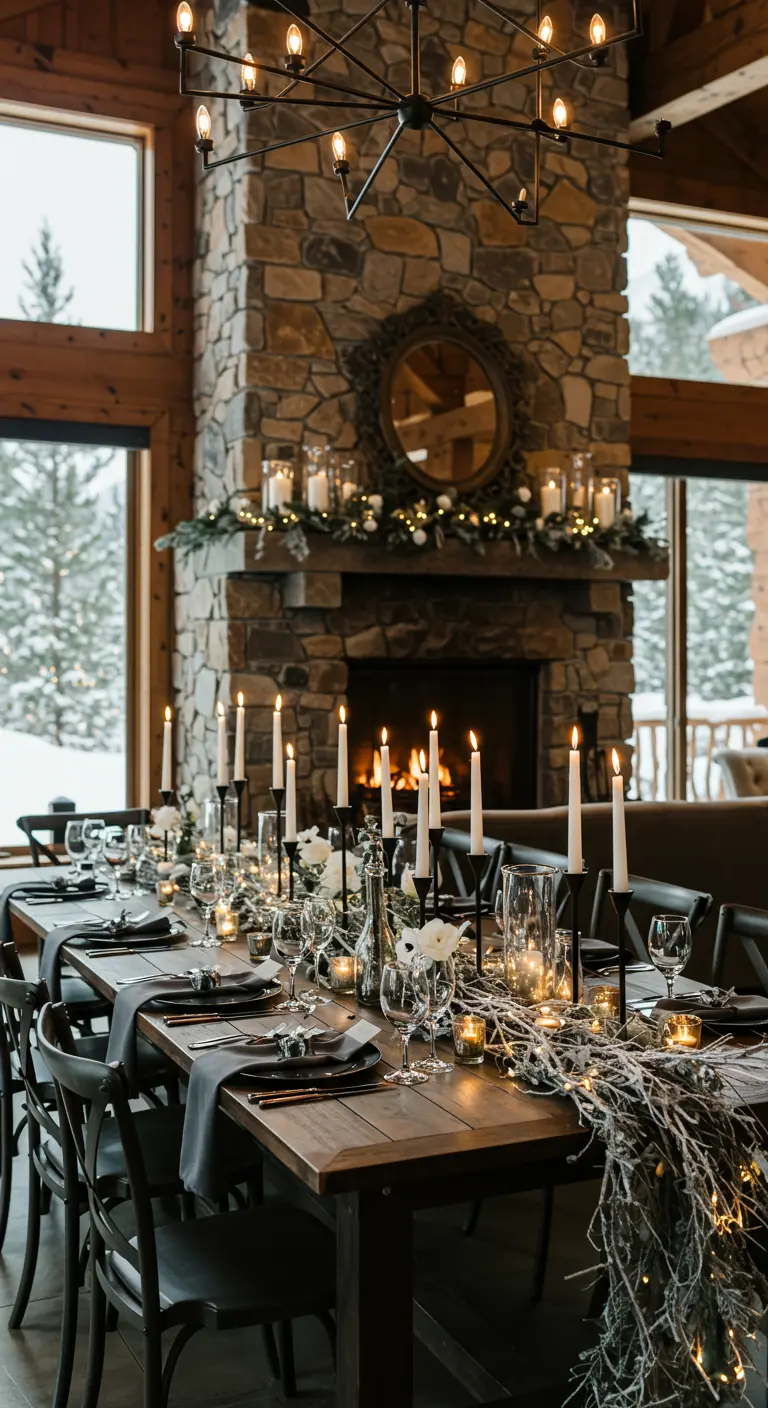Table de mariage rustique devant une cheminée en pierre, décorée de bougies et de branches givrées.