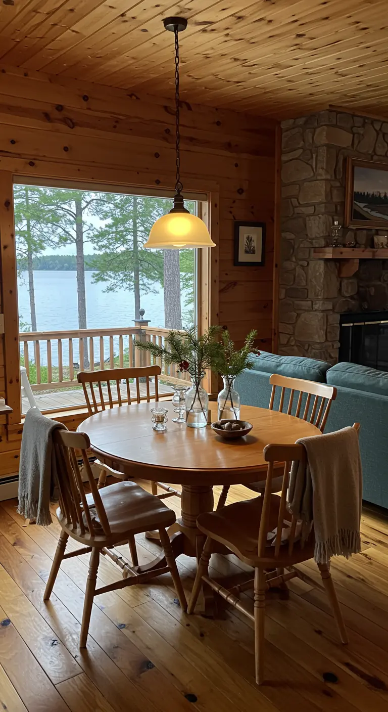 Table ronde en bois dans un chalet avec vases en verre et branches de pin