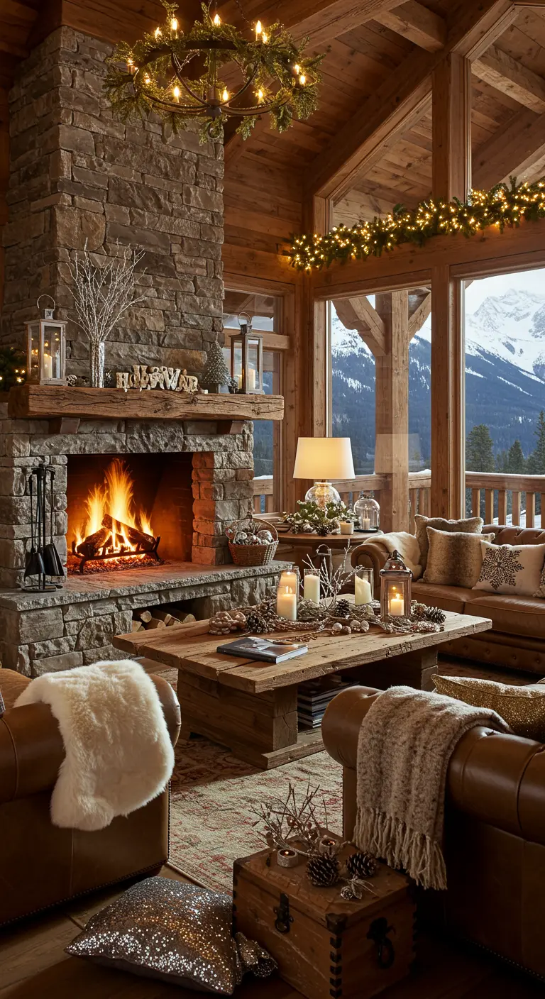 Un salon type chalet avec cheminée en pierre, canapés douillets, plaids en fausse fourrure et bougies.