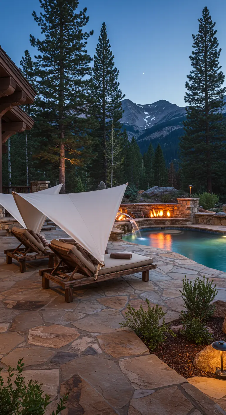Terrasse en pierre avec piscine, cascade et foyer, bordée de transats en bois avec auvents blancs, en montagne.