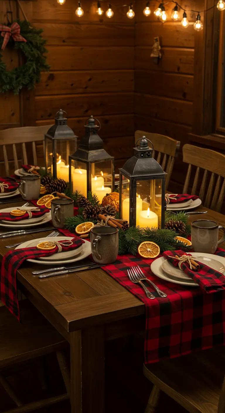 Table de Noël façon chalet avec nappe à carreaux rouges, lanternes, sapin, oranges séchées et tasses.