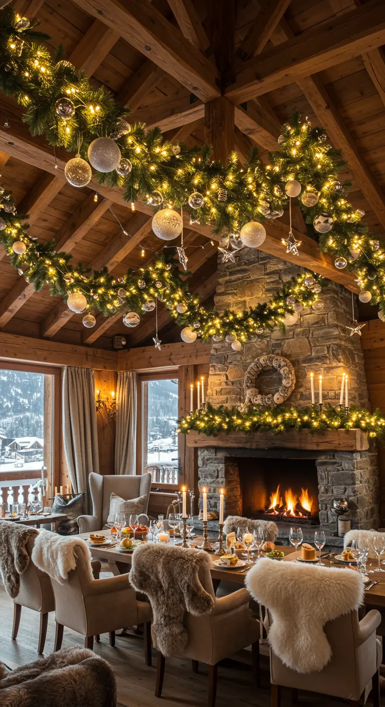 Chalet en bois avec cheminée, table dressée et guirlandes de sapin décorées de lumières et boules argentées.