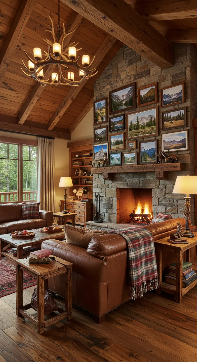 Salon rustique de chalet avec mur de cadres de paysages montagneux autour d'une cheminée en pierre.