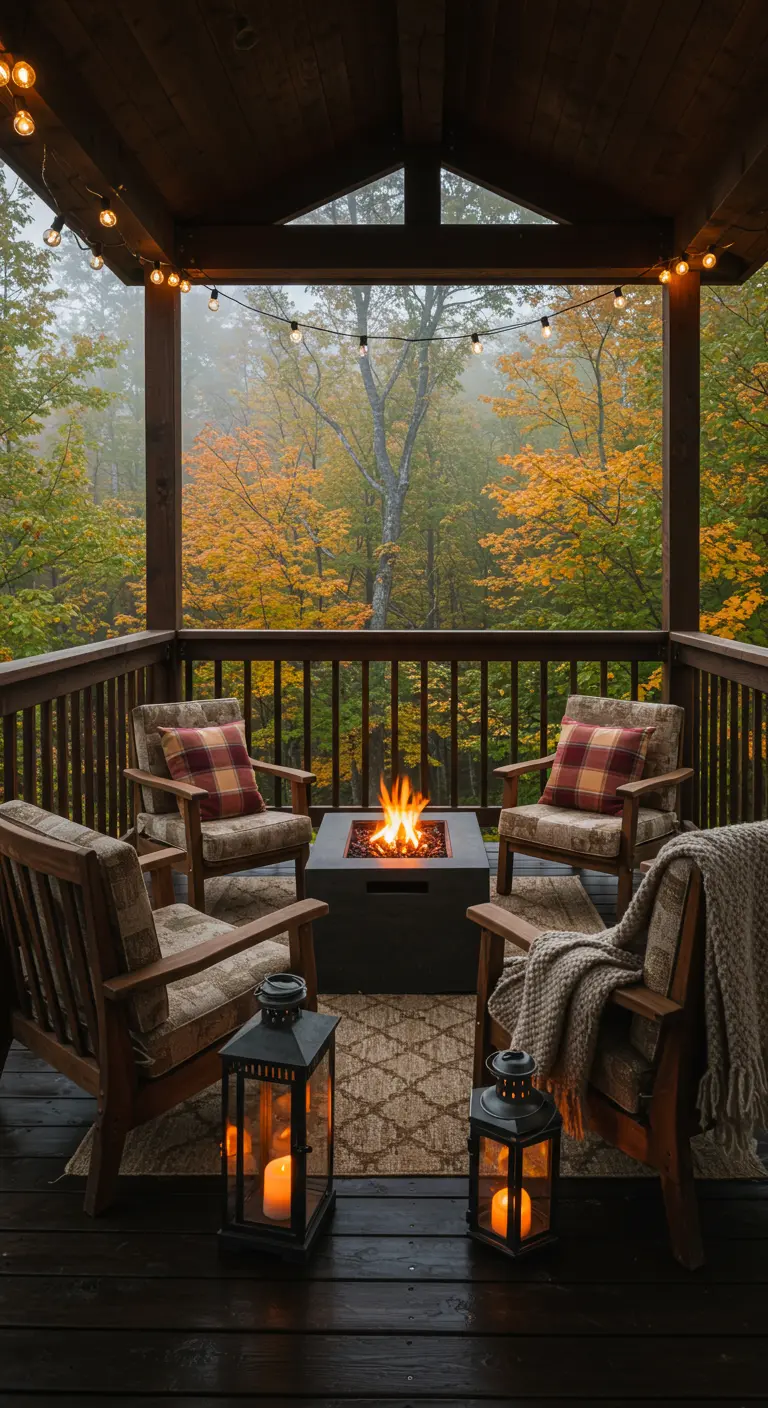 Balcon couvert en bois avec brasero, fauteuils à carreaux, plaids et lanternes, face à des arbres d'automne.