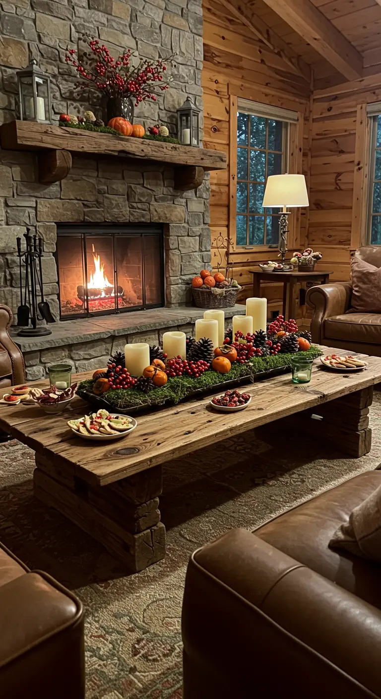 Centre de table automnal avec bougies, baies rouges, mini-citrouilles et pommes de pin sur table basse rustique.