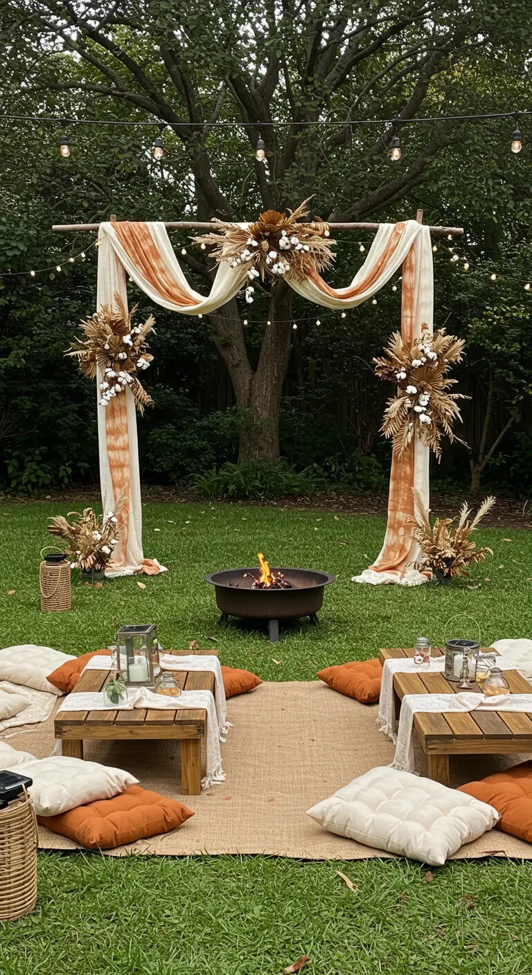 Arche de mariage bohème dans un jardin avec tissu tie-dye crème/orange, fleurs séchées, brasero et coussins.