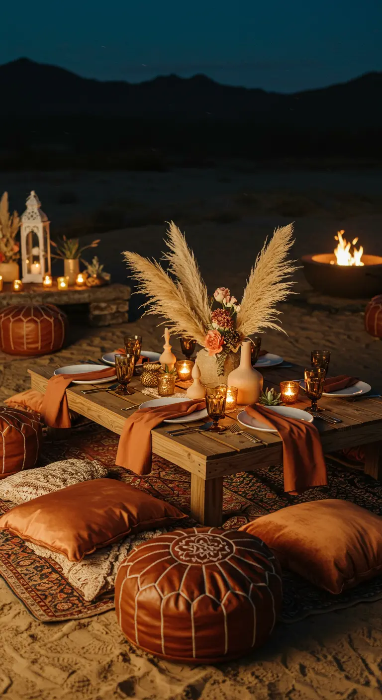 Scène de dîner bohème dans le désert avec table basse, coussins, herbes de la pampa et feu de camp.