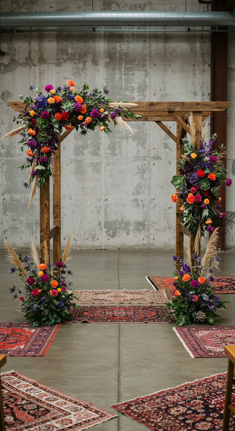 Arche de mariage en bois avec des fleurs colorées et des tapis persans au sol.