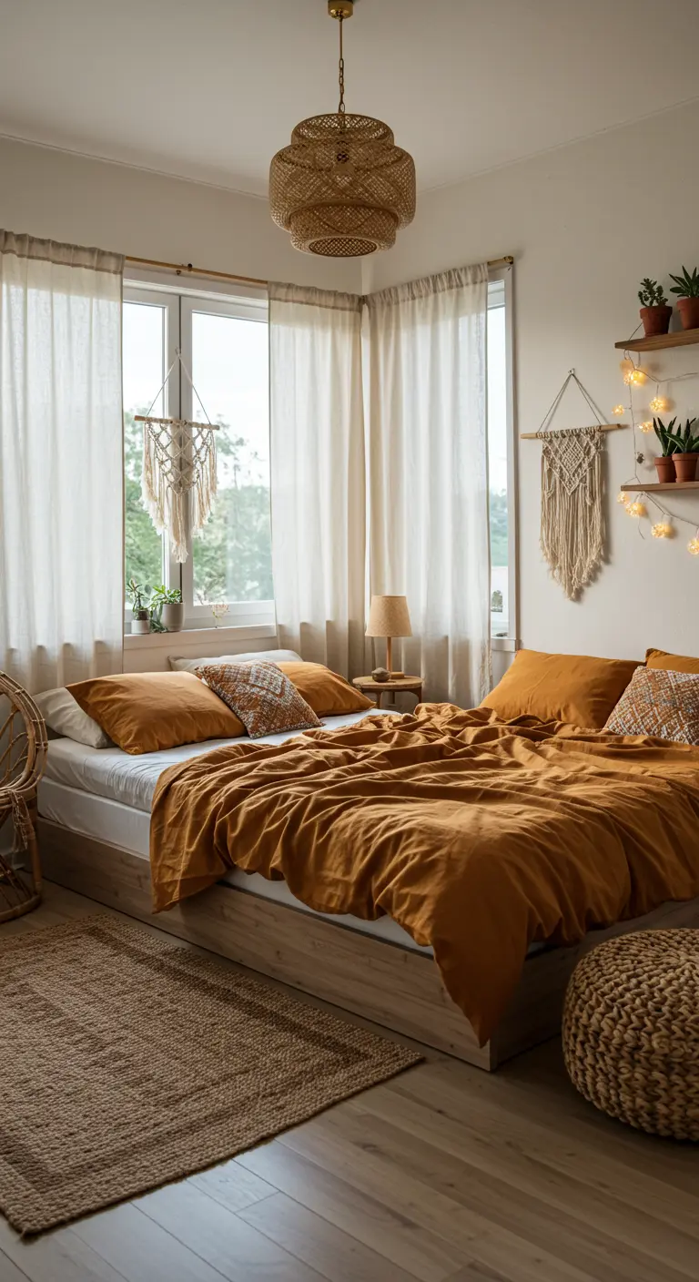 Chambre bohème aux couleurs chaudes d'automne avec linge de lit ocre et guirlandes lumineuses.